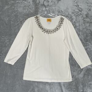 Ruby Rd Top Womens Small Blouse Cotton Stretch 3/4 Sleeve Beaded Neck Cream Boho